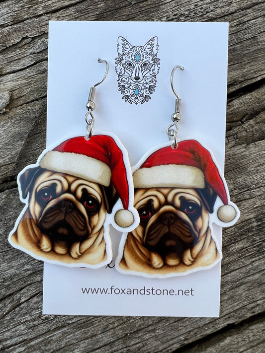 Pug Santa Hat Dog Earrings