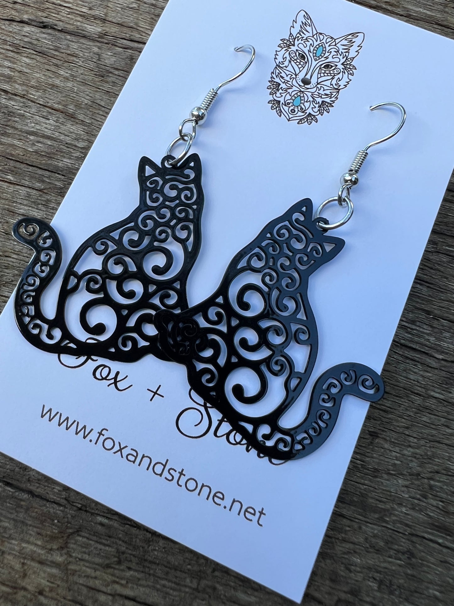 Black Filigree Cat Earrings