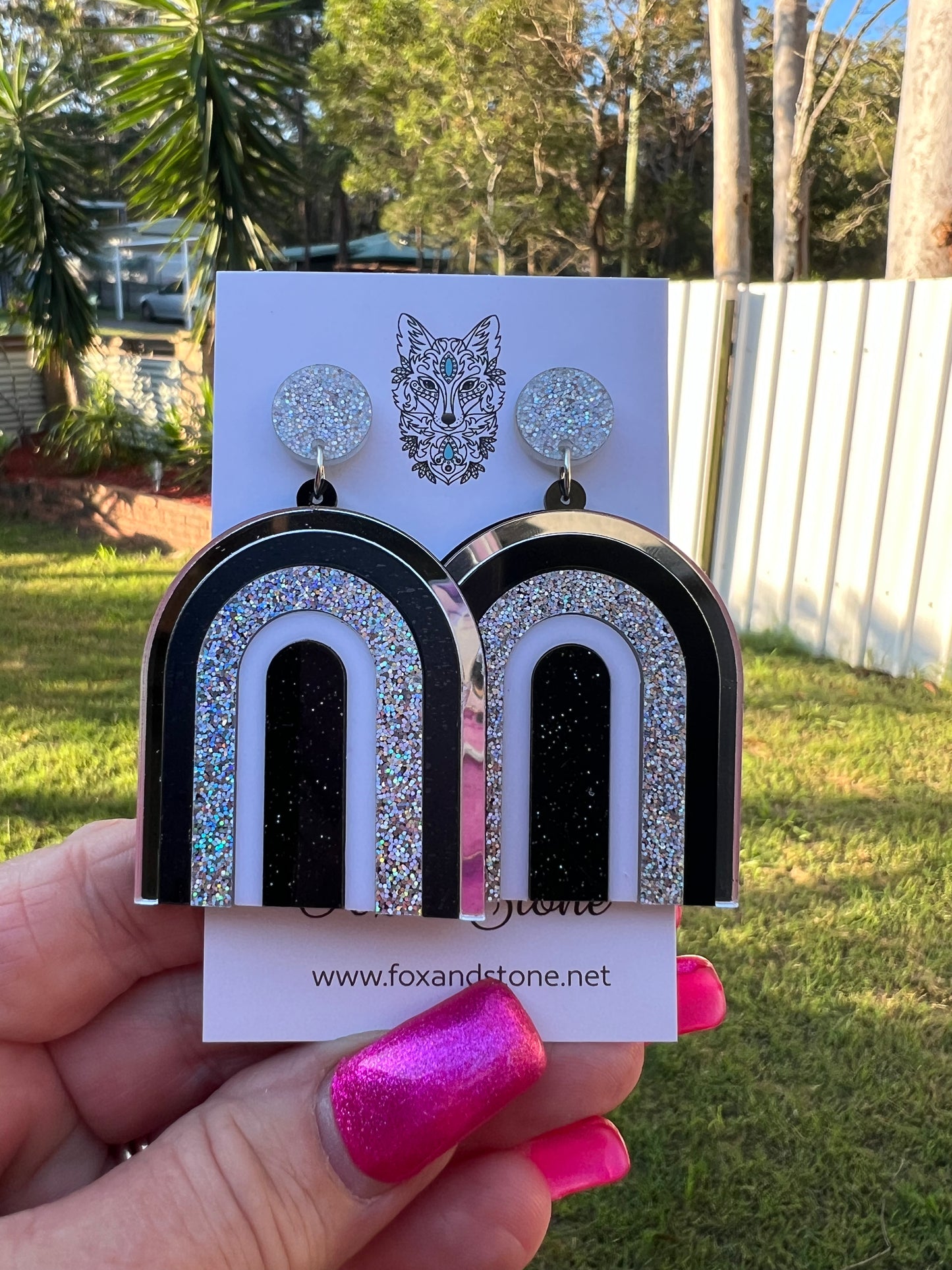 Beautiful Statement Black Glitter Arch Earrings
