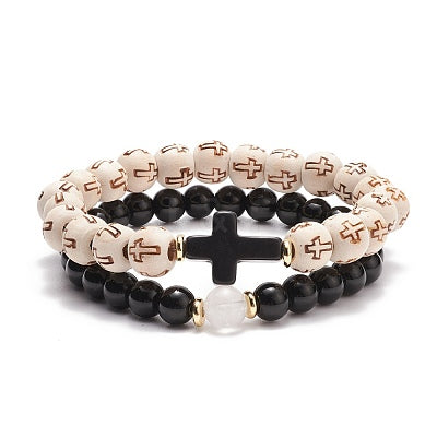 Natural Wood Gemstone Cross Bracelet Stack
