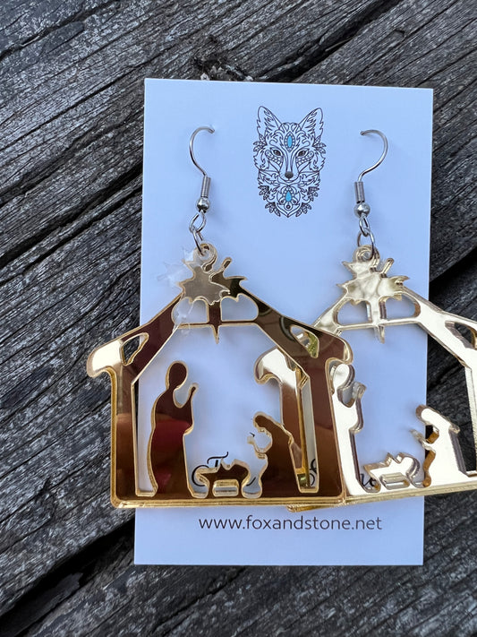 Mirror Gold Nativity Xmas Earrings