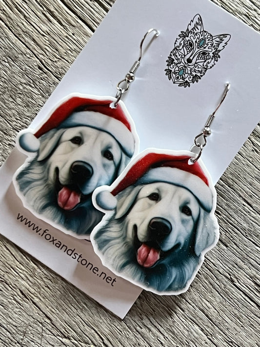 Great Pyrenees Santa Hat Dog Earrings