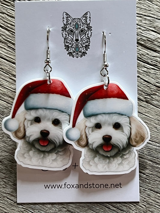 Maltese White Xmas Dog Earrings