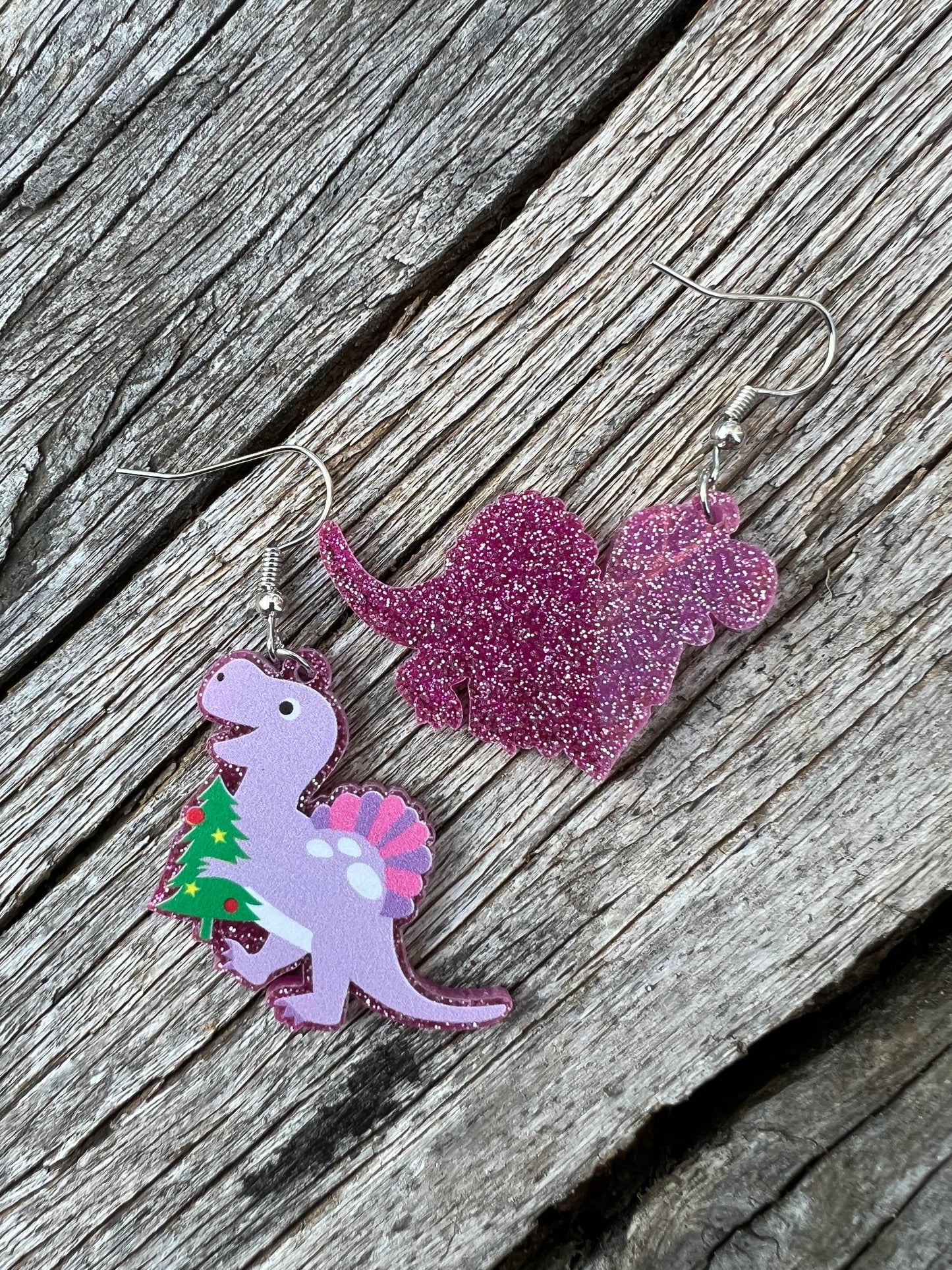 Purple Dinosaur Xmas Earrings