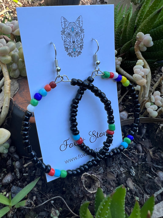 Black Large Beaded Hoop Earrings