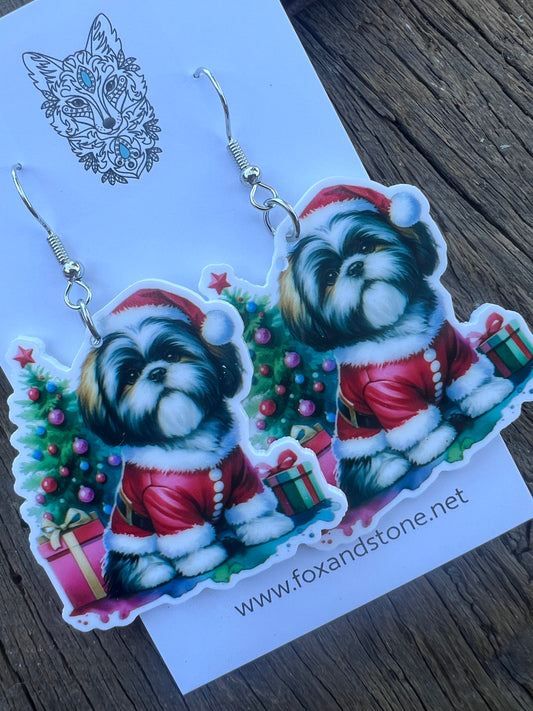 Shitzu Santa Hat Dog Earrings