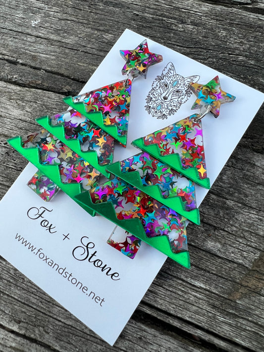 Beautiful Acrylic Mirror Xmas Tree Earrings C