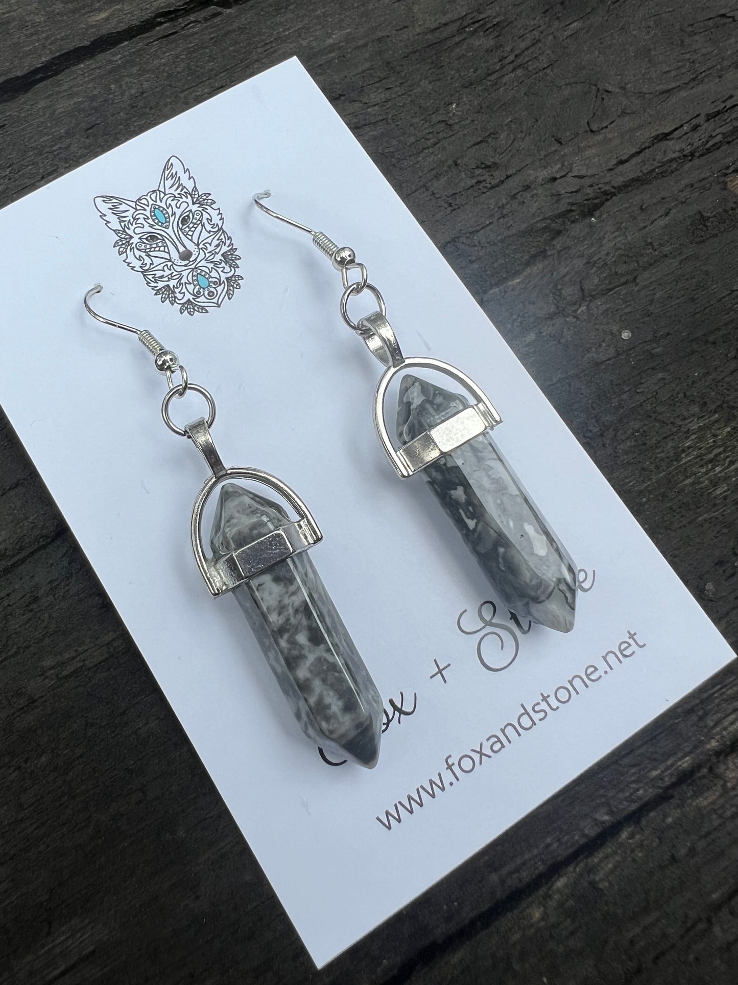 Map Jasper Gemstone Bullet Point Earrings