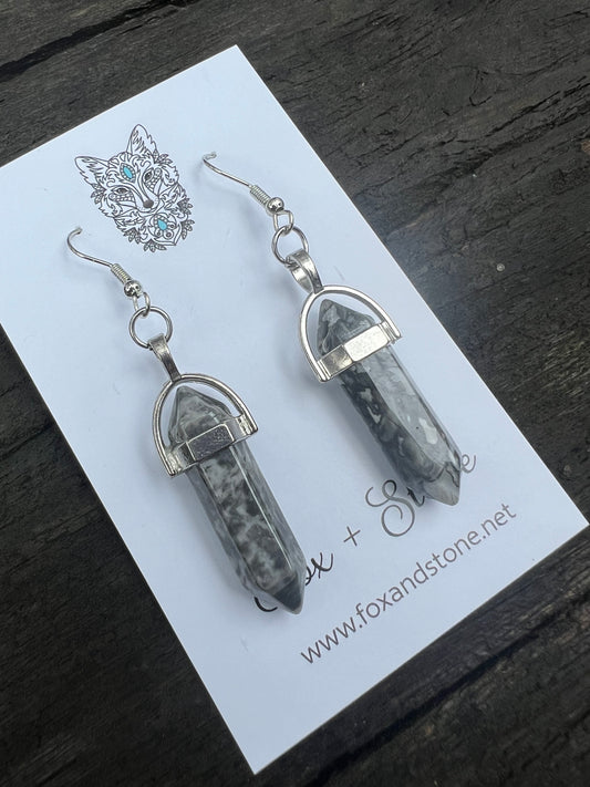 Map Jasper Gemstone Bullet Point Earrings