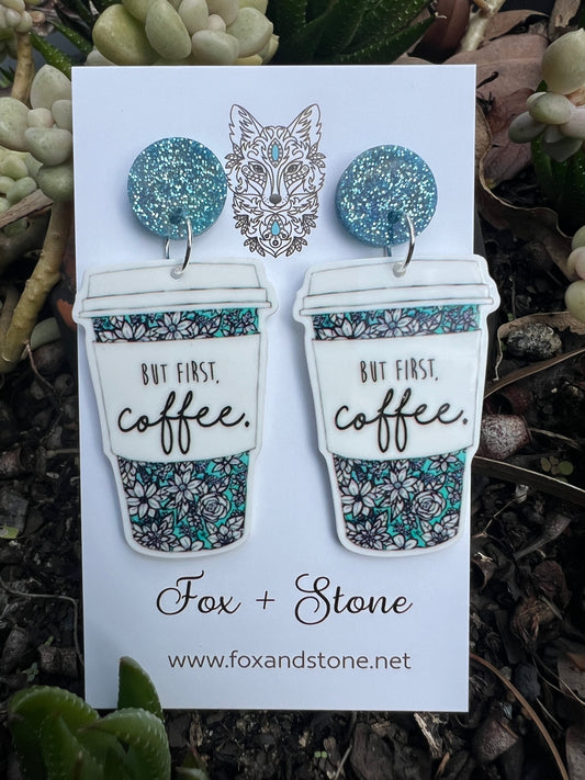 But First Coffee Teal Stud Earrings