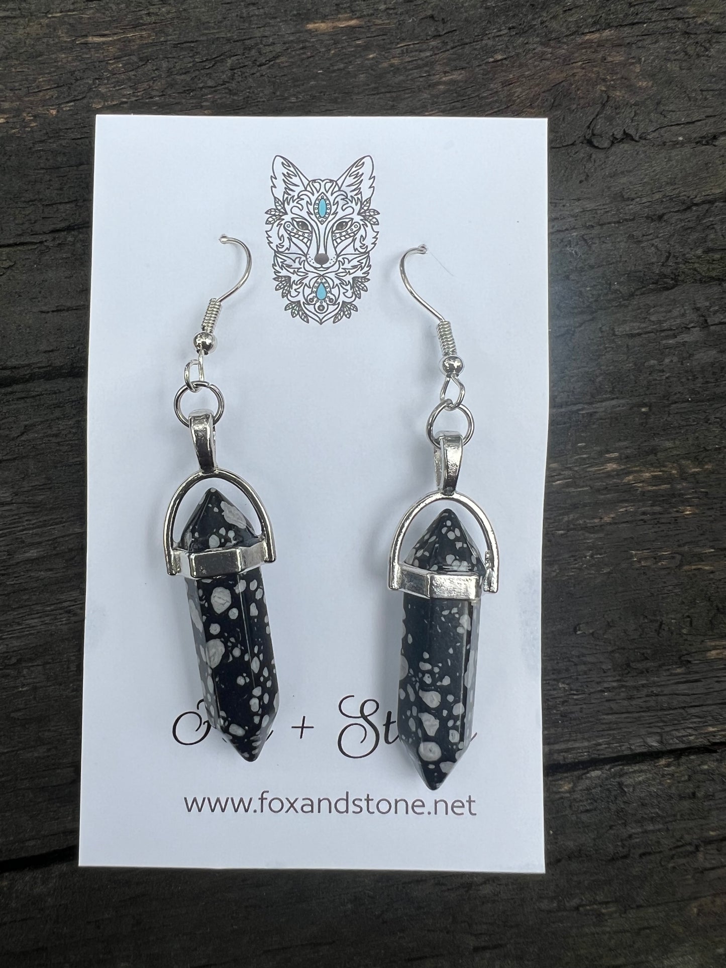 Snowflake Obsidian Gemstone Bullet Point Earrings