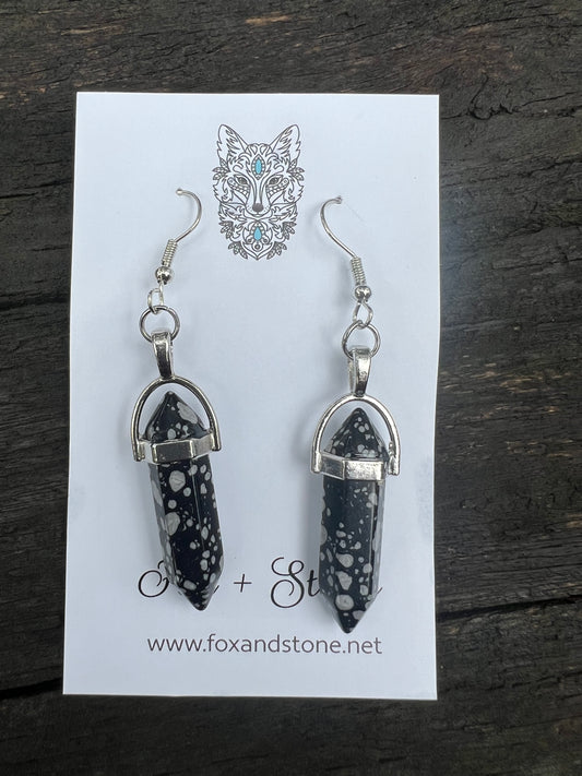 Snowflake Obsidian Gemstone Bullet Point Earrings