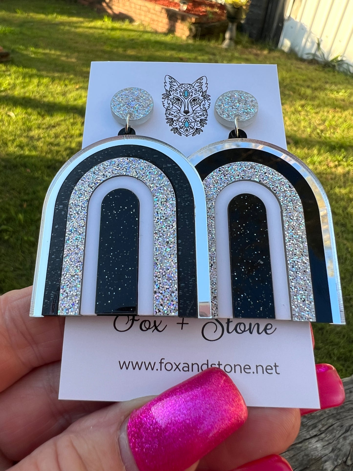Beautiful Statement Black Glitter Arch Earrings