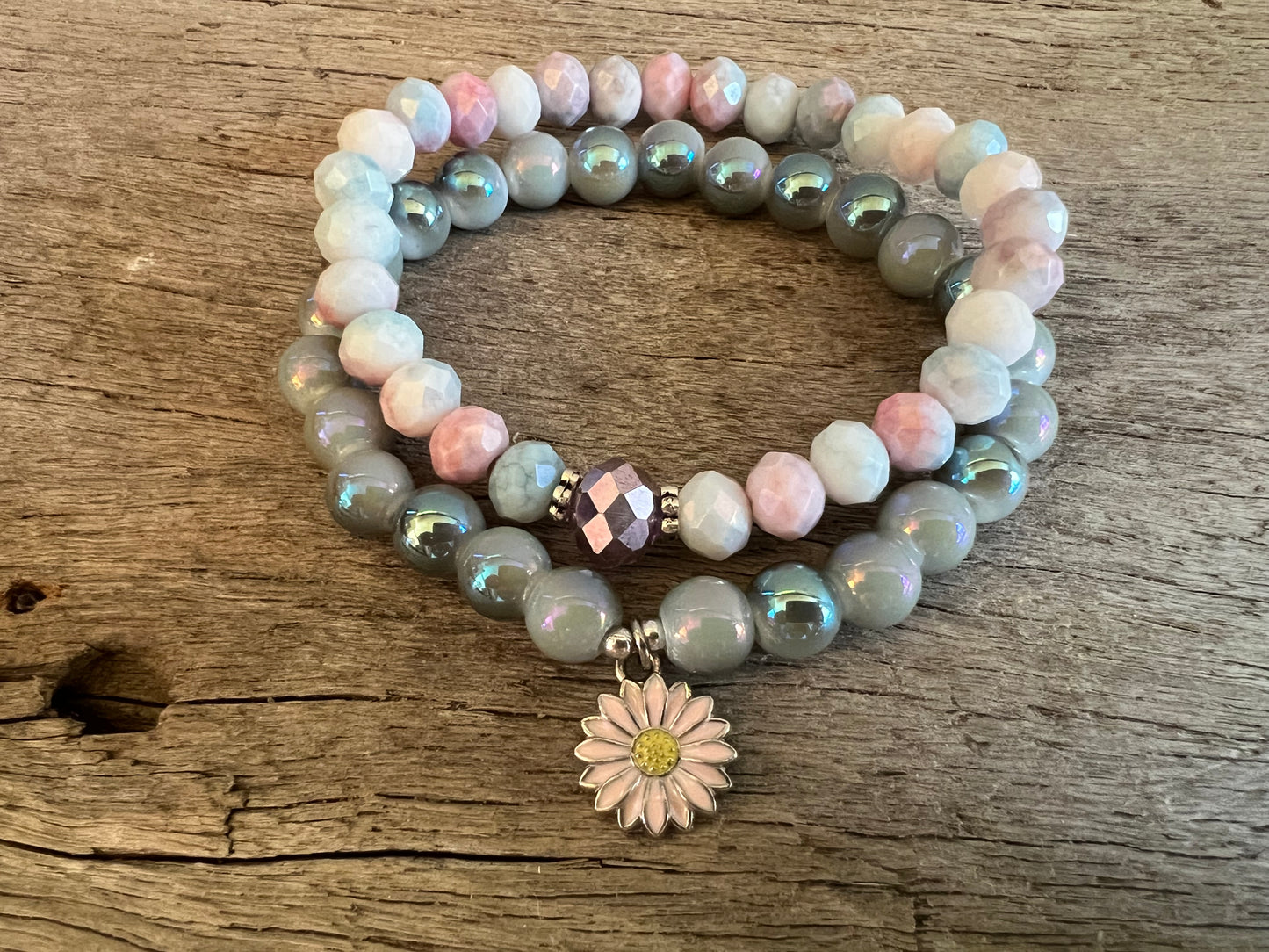Daisy Charm Czeck Beaded Bracelet Set