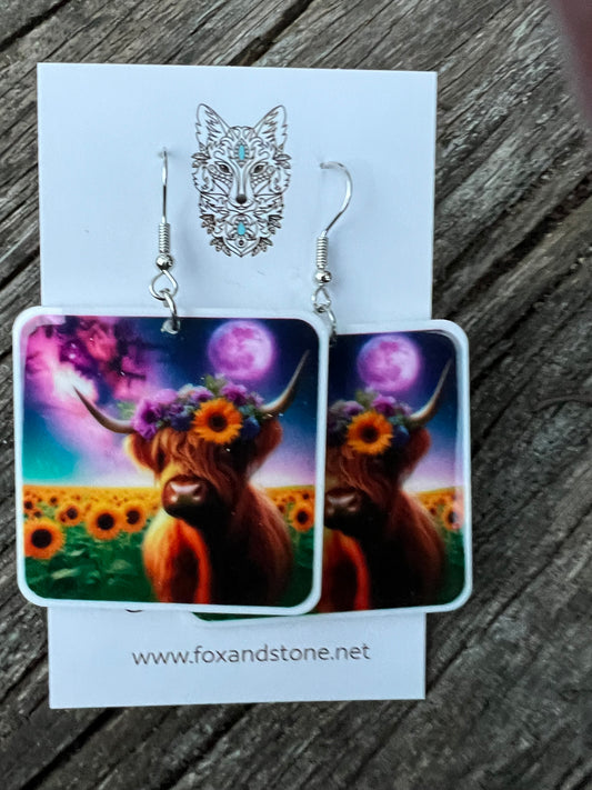 Galaxy Moon Highland Cow Earrings