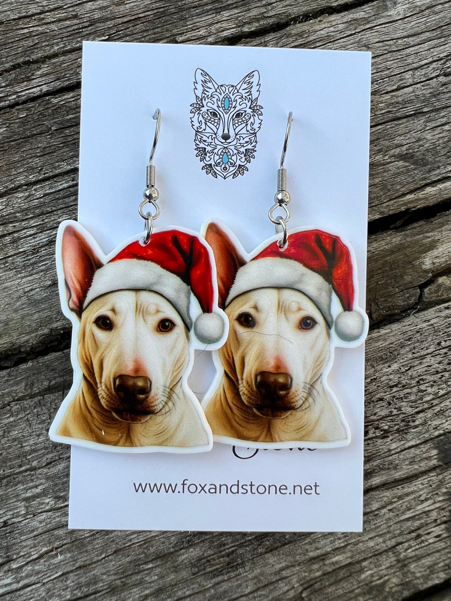 Roman Nose Bull Terrier Santa Hat Dog Earrings
