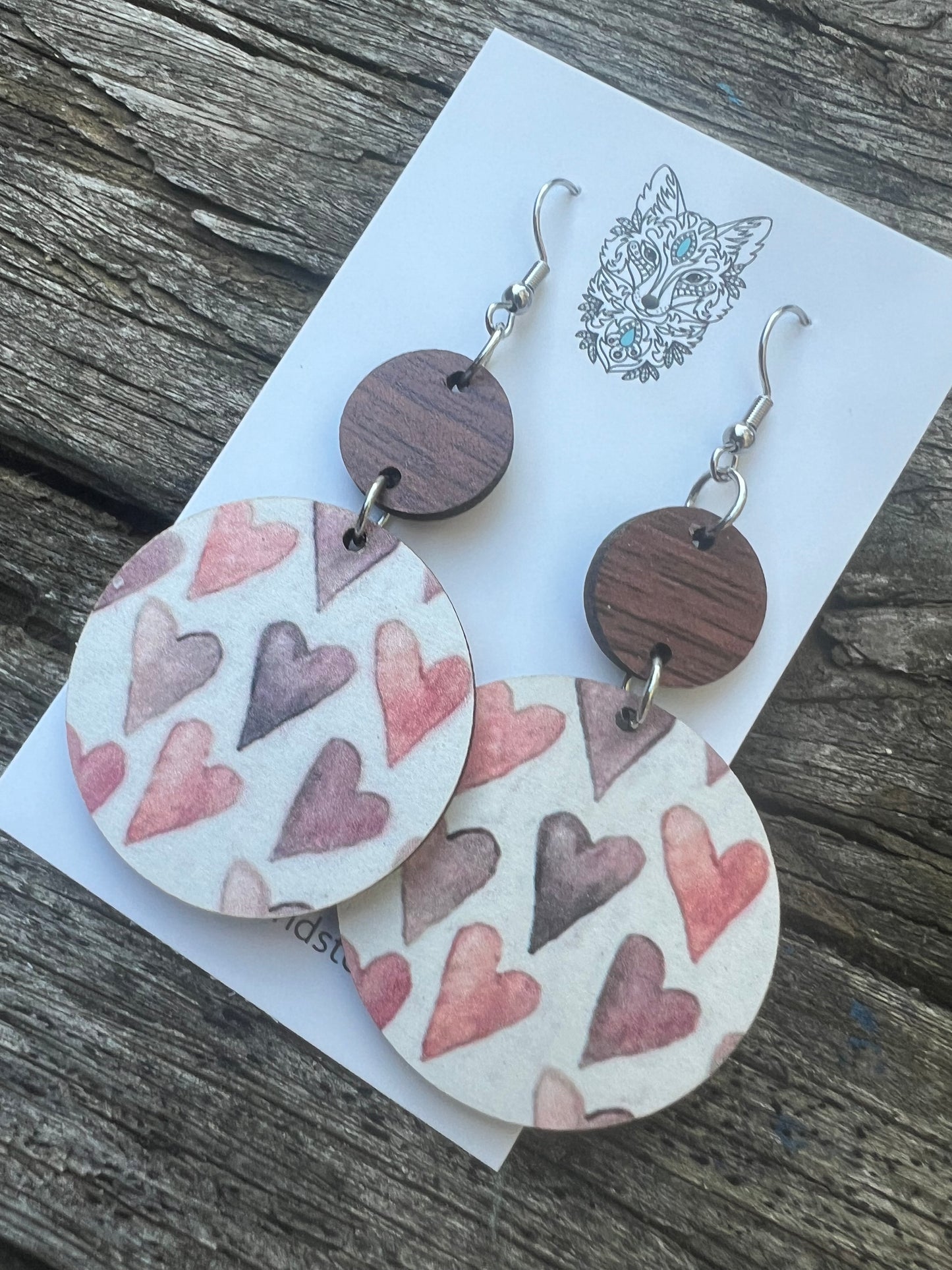 Round Wood Hearts Print Dangles