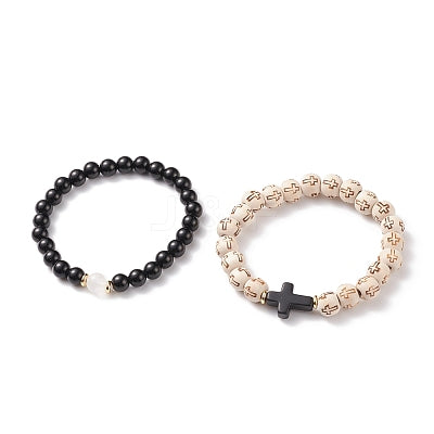 Natural Wood Gemstone Cross Bracelet Stack