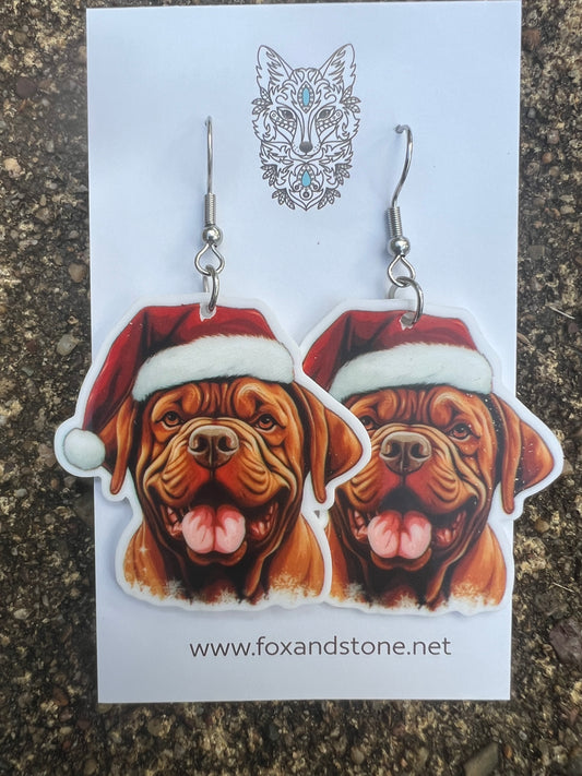 Dogues De Bordeaux Smile Santa Hat Dog Earrings
