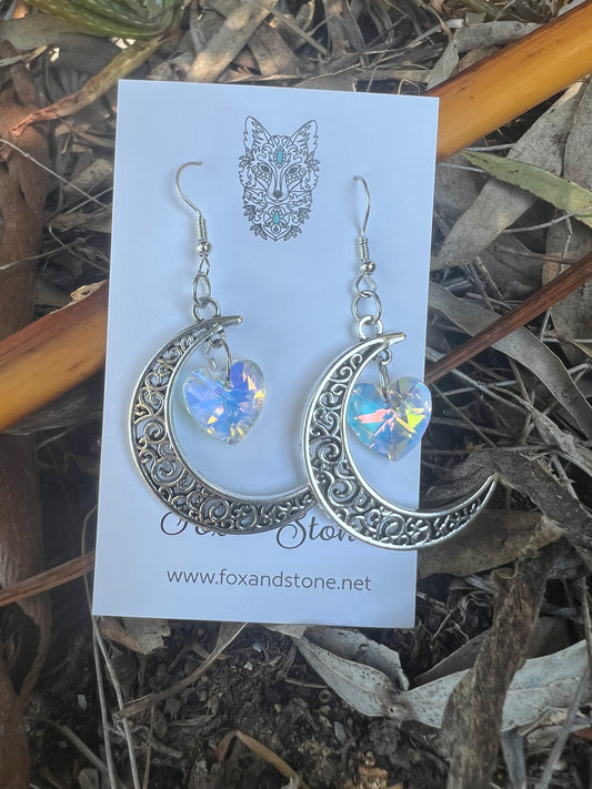 Crystal Filigree Moon Silver Earrings
