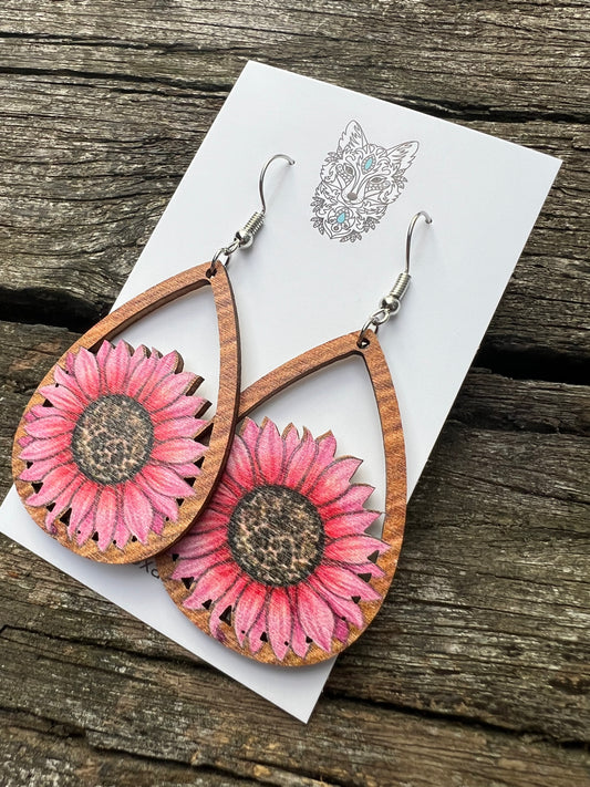 Beautiful Pink Sunflower Natural Wood Earrings