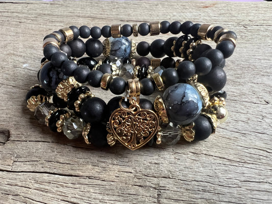 Black Heart  Beaded Bracelet Stack