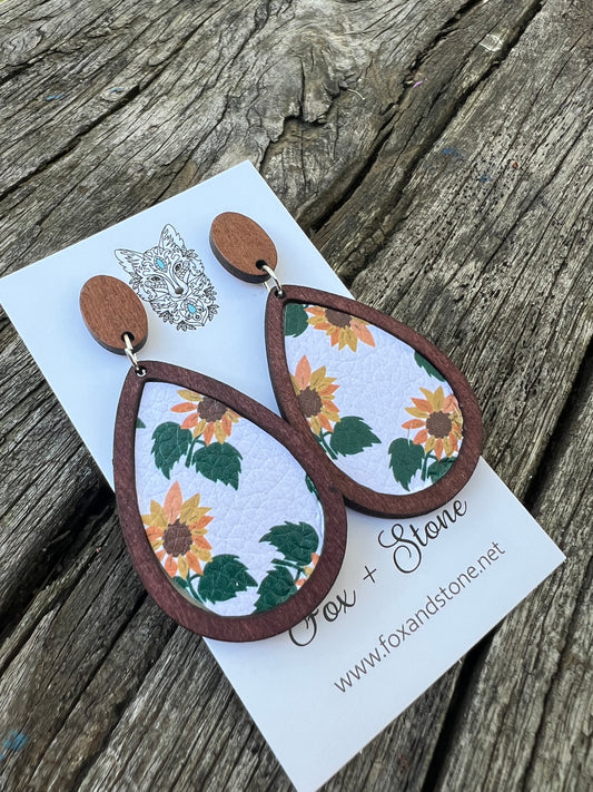 Petra White Sunflower Teardrop Wood Earrings