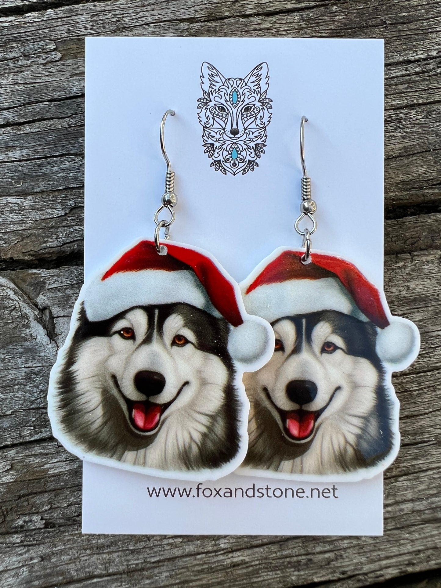 Alaskan Malamute Santa Hat Dog Earrings