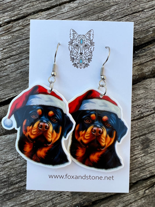 Rottweiler Santa Hat Dog Earrings