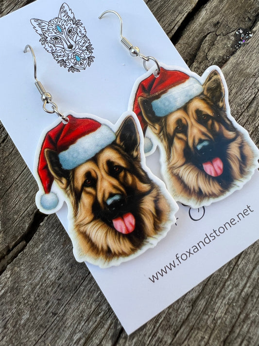 German Shepherd Santa Hat Dog Earrings