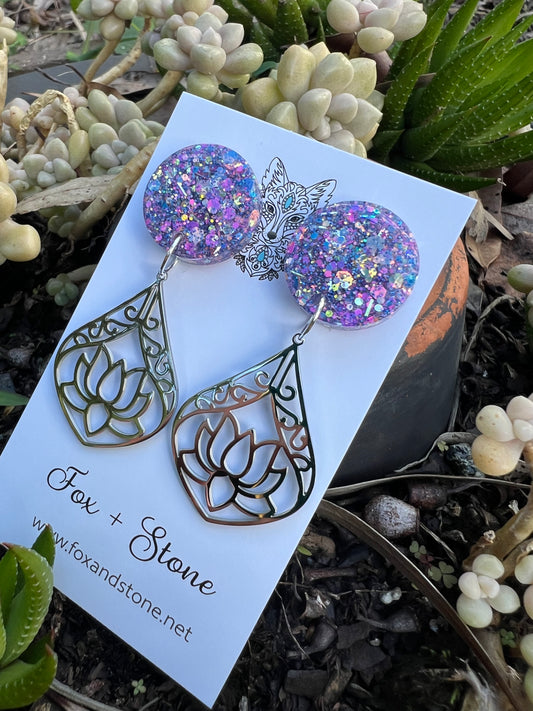 Lotus Flower Sparkle Glitter Earrings