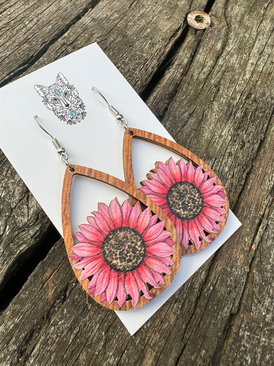 Beautiful Pink Sunflower Natural Wood Earrings