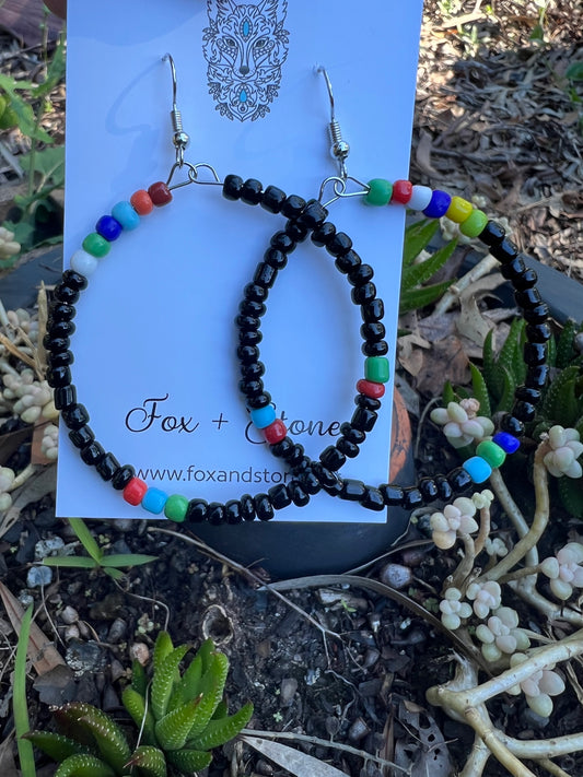 Black Large Beaded Hoop Earrings