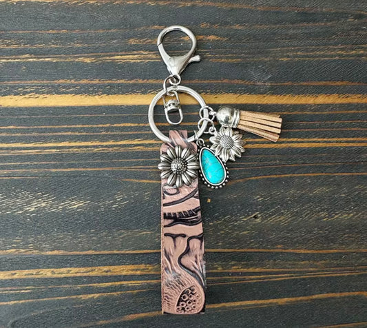 Tooled Dyed Faux Leather Positive Vibe Turquoise Keyring