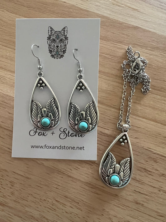 Turquoise Silver Pendant Earring Set