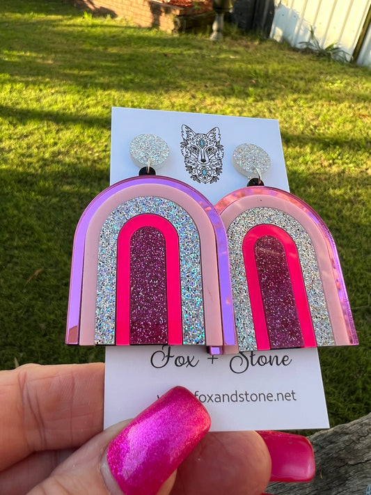 Beautiful Statement Pink Glitter Arch Earrings
