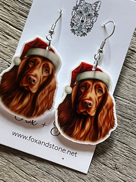 Irish Red Setter Santa Hat Dog Earrings