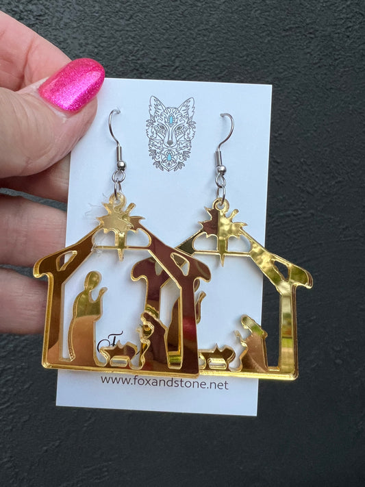 Mirror Gold Nativity Xmas Earrings