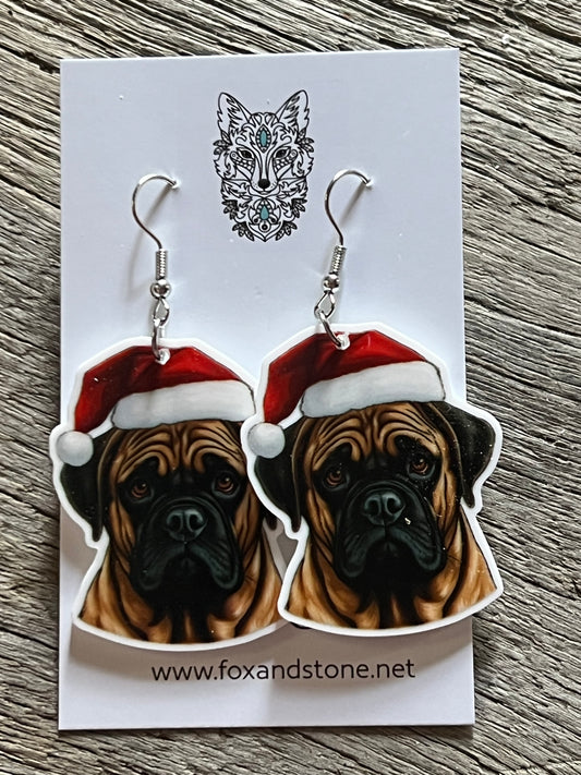 Mastiff Bull Mastiff Santa Hat Dog Earrings