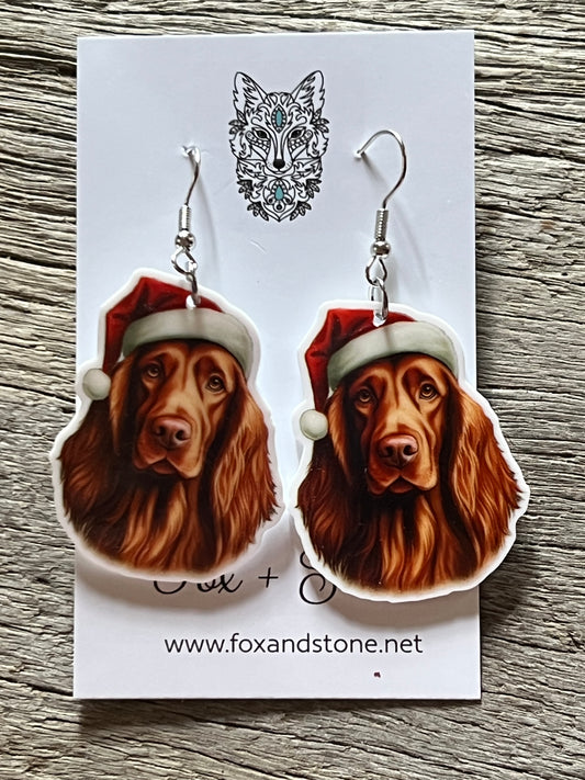 Irish Red Setter Santa Hat Dog Earrings
