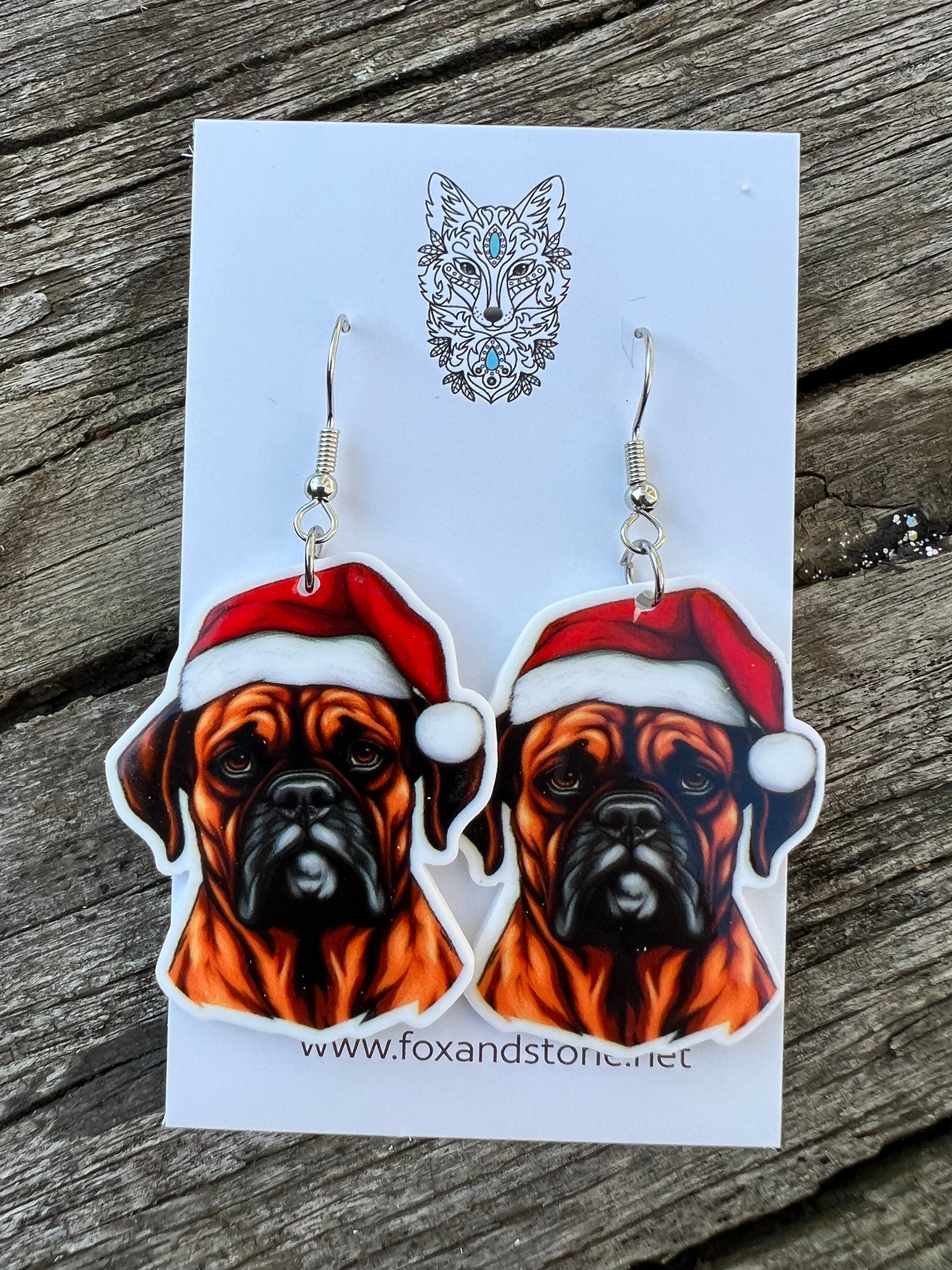 Boxer Santa Hat Dog Earrings