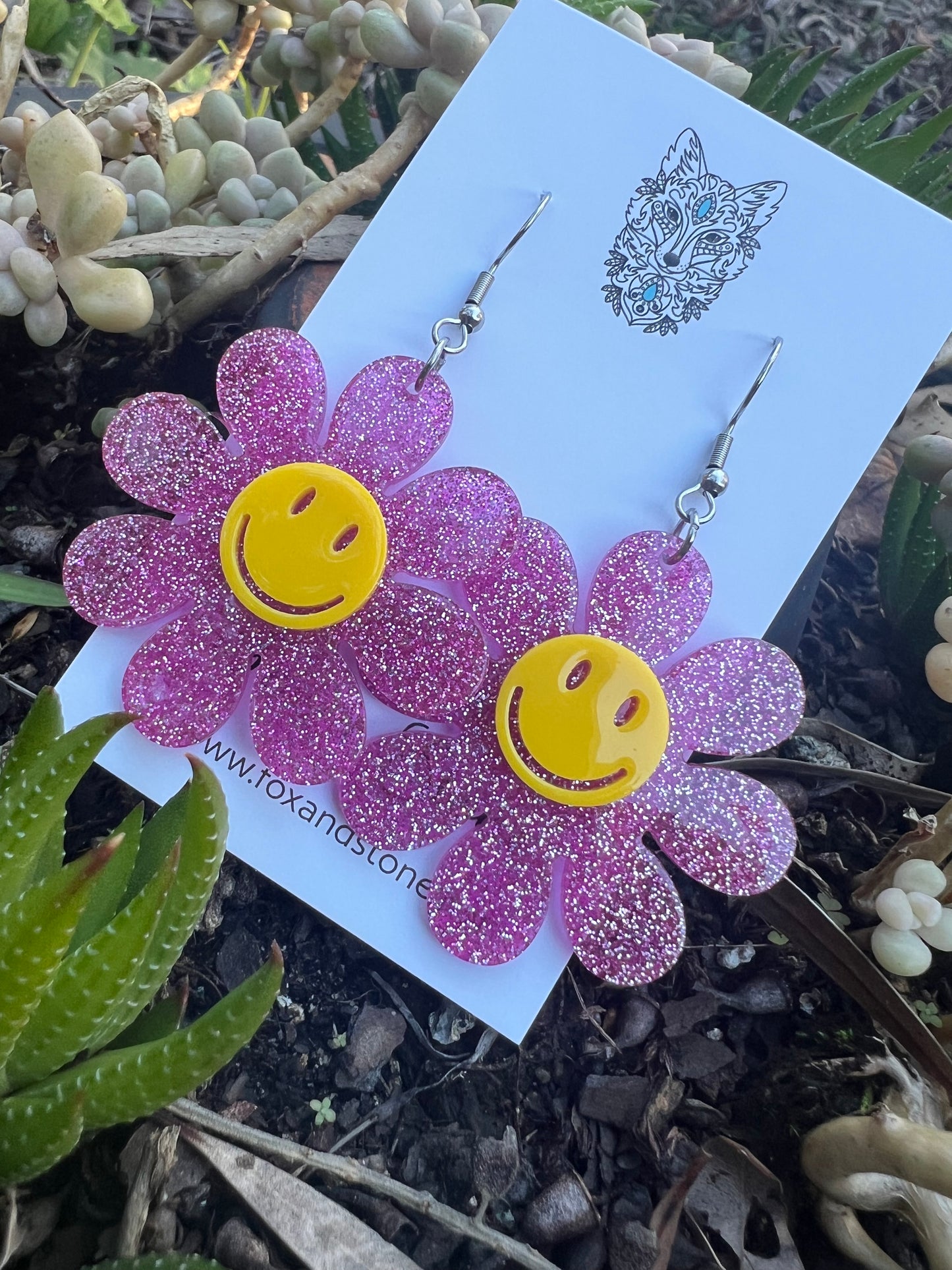 Pink Flower Happy Glitter Earrings