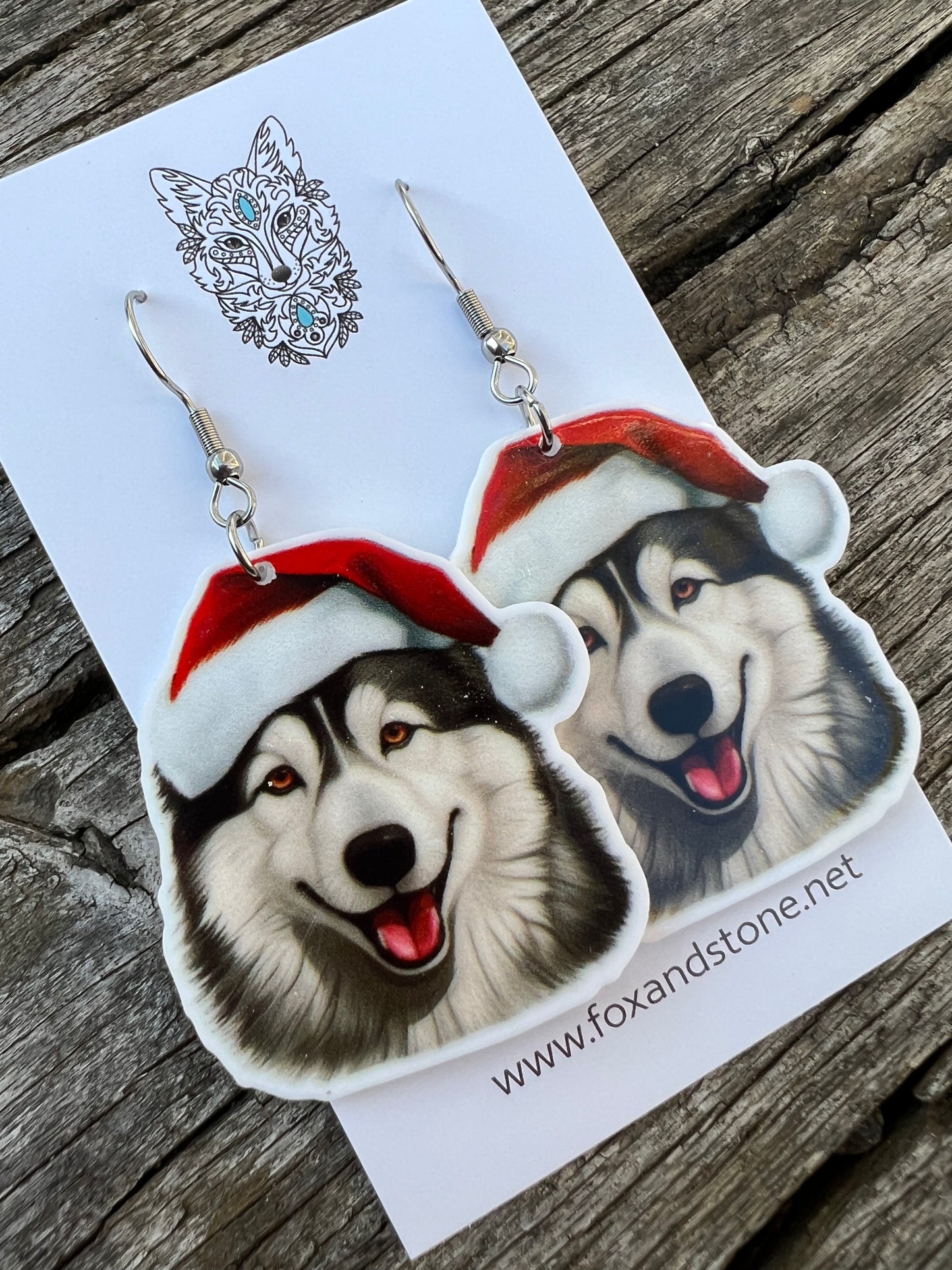 Alaskan Malamute Santa Hat Dog Earrings
