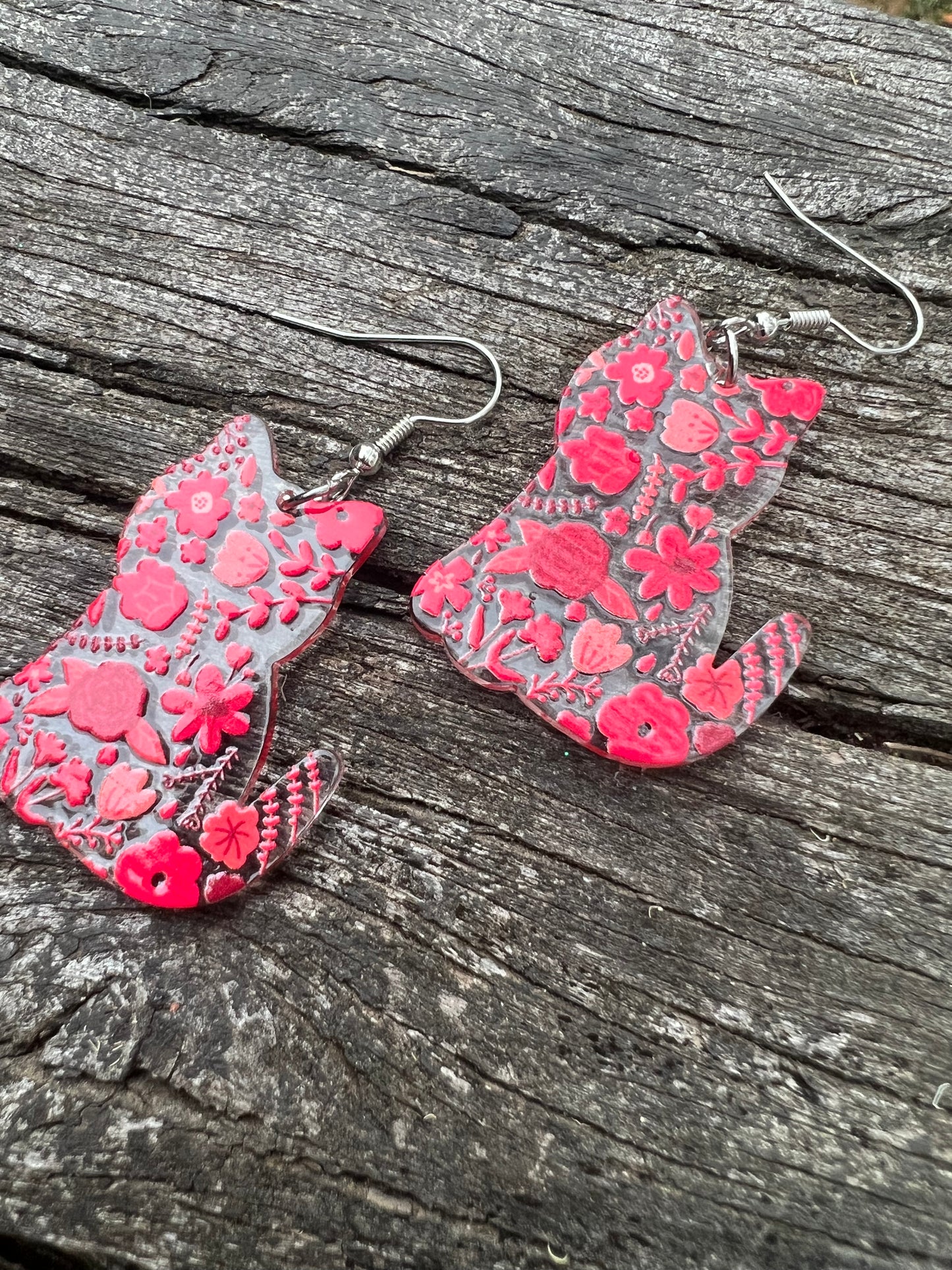 Pretty Red Floral Cat Earrings