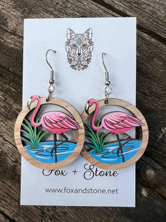 Flamingo Round Natural Wood Earrings