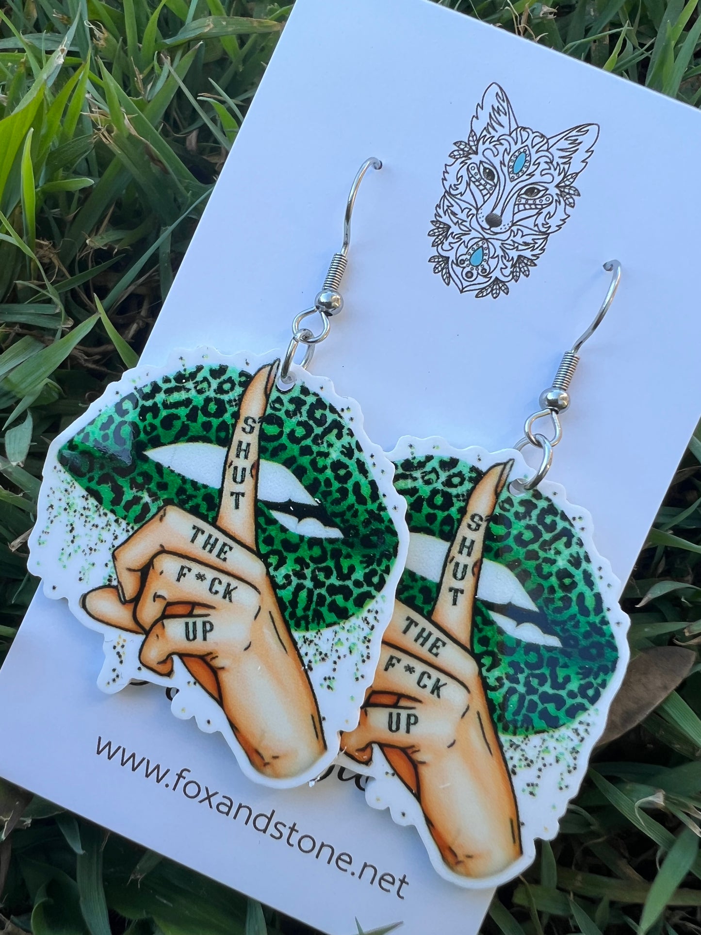 Shut The F#ck Up Green Leopard Earrings