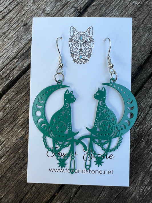 Mystical Moon Cat Filigree Earrings