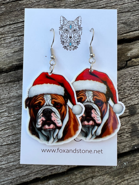 Bulldog Santa Hat Dog Earrings