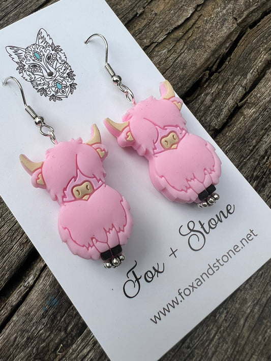 Super Cute Pink Highland Cow Earrings