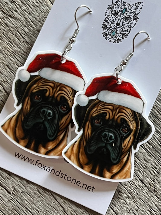 Mastiff Bull Mastiff Santa Hat Dog Earrings